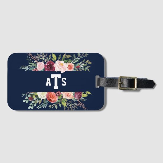 Burgundy Blush Floral Navy Blue Monogram Bagagelabel (Voorkant (horizontaal))