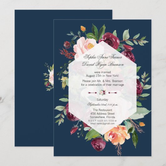Burgundy Blush Floral Navy Blue Wedding Evening Kaart (Voorkant / Achterkant)