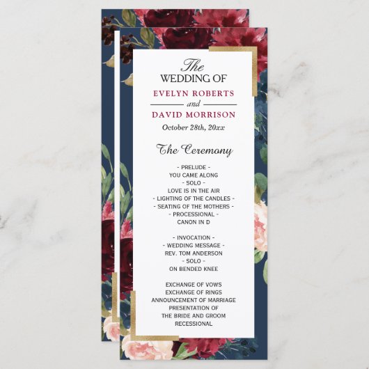 Burgundy Blush Floral Navy Blue Wedding Program Programma (Voorkant / Achterkant)