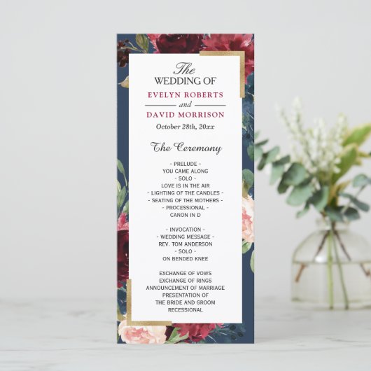 Burgundy Blush Floral Navy Blue Wedding Program Programma (Staand voorkant)