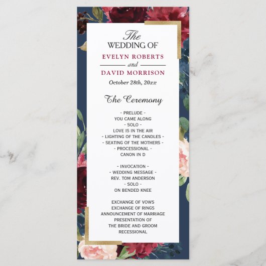Burgundy Blush Floral Navy Blue Wedding Program Programma (Voorkant)