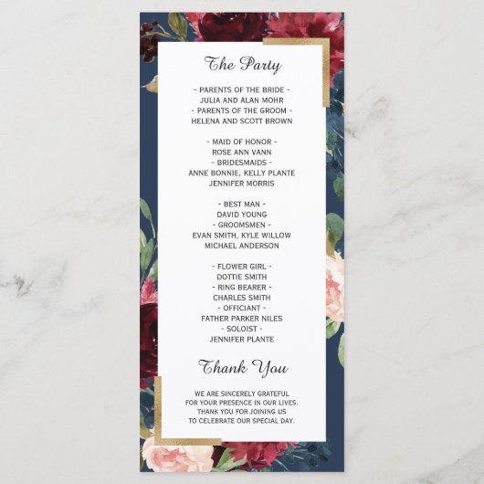 Burgundy Blush Floral Navy Programme de mariage bl (Dos)