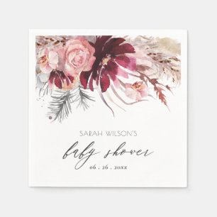 Burgundy Blush Floral Pampas Grass Baby shower Servet