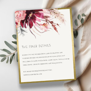 Burgundy Blush Floral Pampas Grass Wedding Details Informatiekaartje