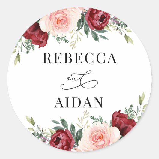 Burgundy Blush Floral Personalized Wedding Classic Ronde Sticker (Voorkant)