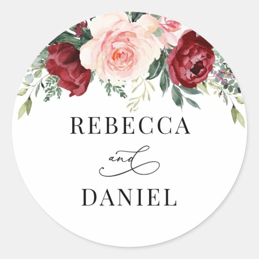 Burgundy Blush Floral Personalized Wedding Ronde Sticker (Voorkant)