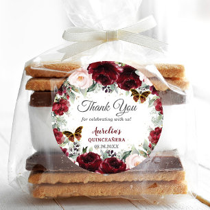 Burgundy Blush Floral Quinceañera Butterflies Ronde Sticker