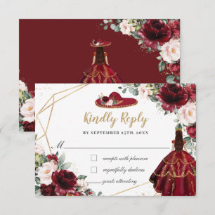 Burgundy Blush Floral Quinceañera Charro Pet RSVP Kaartje