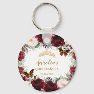 Burgundy Blush Floral Quinceañera Crown Butterfly Sleutelhanger