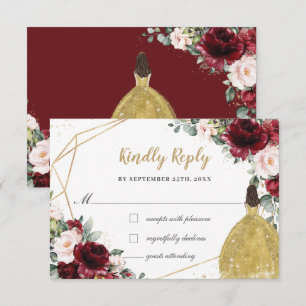 Burgundy Blush Floral Quinceañera Gold Princess RSVP Kaartje