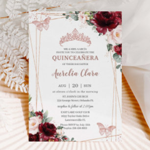 Burgundy Blush Floral Roos Gold Tiara Quinceañera Kaart