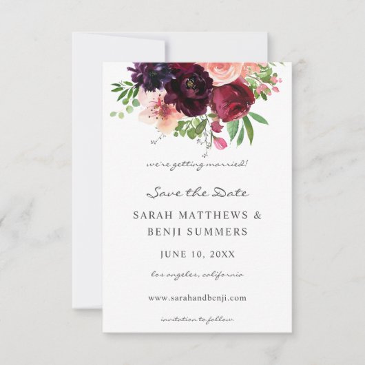 Burgundy & Blush Floral Save the Date V2 (Voorkant)