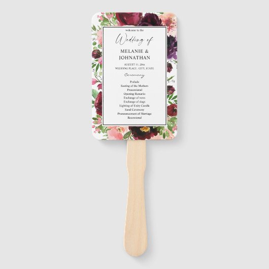 Burgundy & Blush Floral Wedding Ceremony Programme Handwaaier (Voorkant)