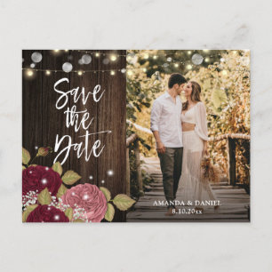 Burgundy Blush Floral Wedding Photo Save the Date Aankondigingskaart
