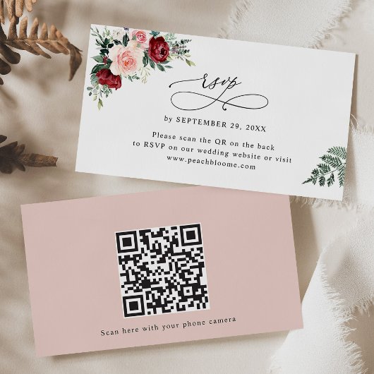 Burgundy Blush Floral Wedding QR Code RSVP Kaarten Visitekaartje