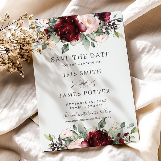 Burgundy Blush Floral Wedding Save the Date Kaart