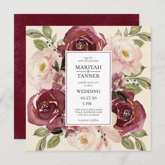 Burgundy Blush Floral Wedding Square Kaart (Voorkant / Achterkant)