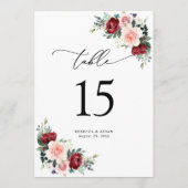 Burgundy Blush Floral Wedding Table Number Kaarten (Achterkant)