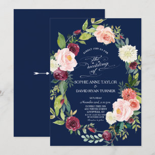 Burgundy Blush Floral Wreath Dark Blue Wedding Kaart
