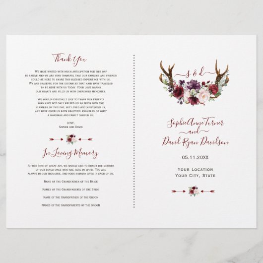 Burgundy Blush Florwers Antlers Weddenschap Flyer (Voorkant)