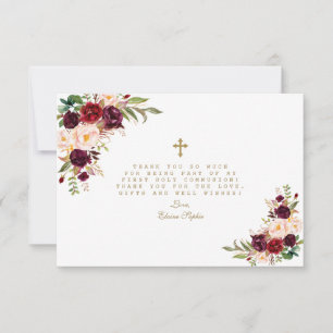 Burgundy Blush Flowers Gold Cross Heilige Communie Bedankkaart