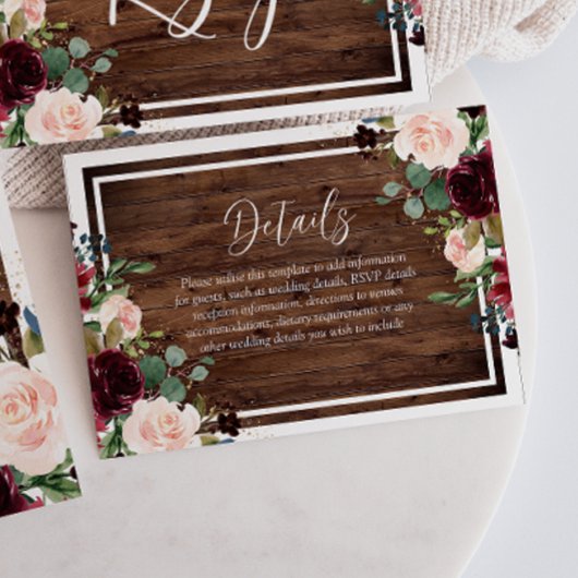 Burgundy & Blush Flowers Rustic Wood Weddenschap Informatiekaartje