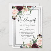 Burgundy Blush Flowers & Silver Spring Wedding Kaart (Voorkant)