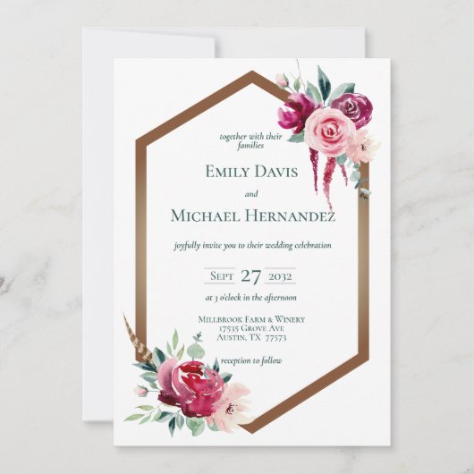 Burgundy & Blush Geometric Gold Boho Invitation Kaart (Voorkant)