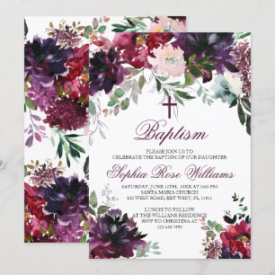Burgundy Blush Girl Baptism Invitation Kaart
