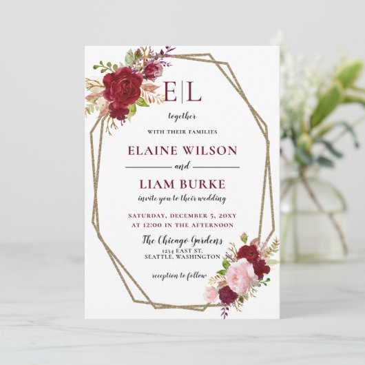 Burgundy Blush Gold Floral Monogram Weddenschap Kaart (Staand voorkant)
