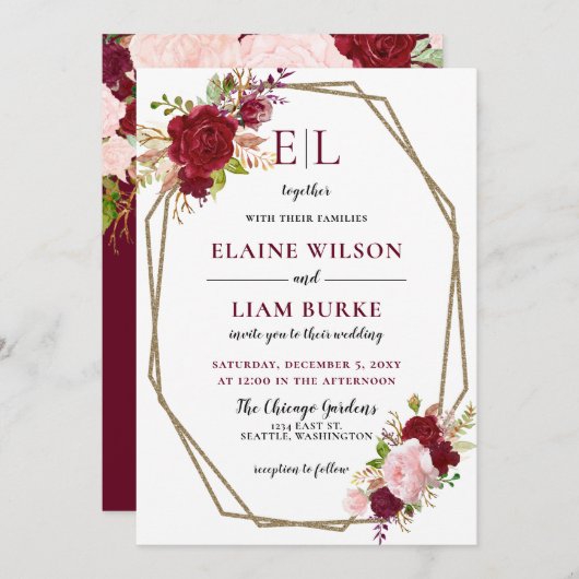 Burgundy Blush Gold Floral Monogram Weddenschap Kaart (Voorkant / Achterkant)