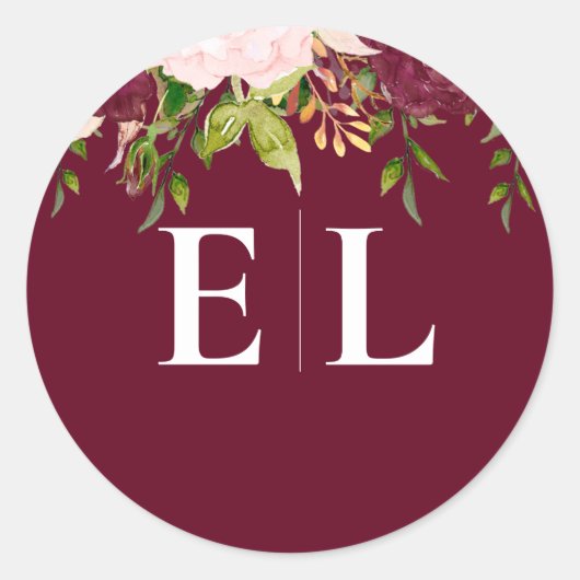 Burgundy Blush Gold Floral Monogram Weddenschap Ronde Sticker (Voorkant)