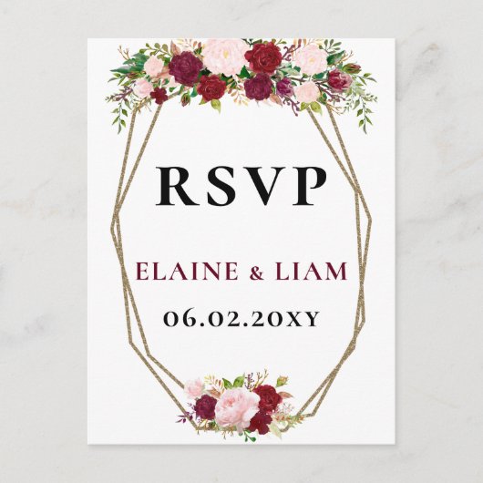 Burgundy Blush Gold Floral Monogram Wedding rsvp Uitnodiging Briefkaart (Voorkant)