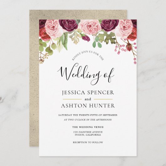 Burgundy Blush & Gold Floral Wedding Invitation (Devant / Derrière)