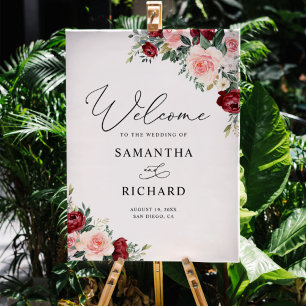 Burgundy Blush Greenery Wedding Welcome Sign Poster