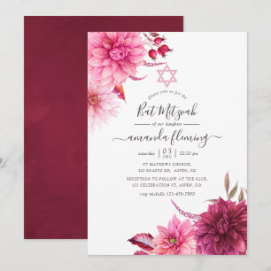 Burgundy & Blush Herfst Bloemige Bat Mitzvah Kaart