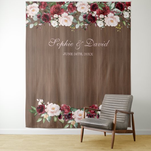 Burgundy Blush Houten Trouwfoto Booth Achtergrond Wandkleed (In situ)