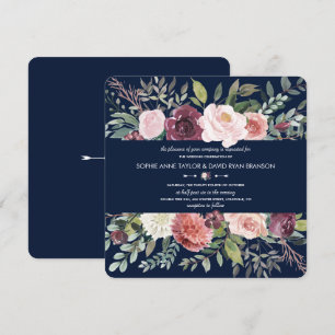 Burgundy Blush Ivory Bloemige Navy Blauwe Trouw Kaart