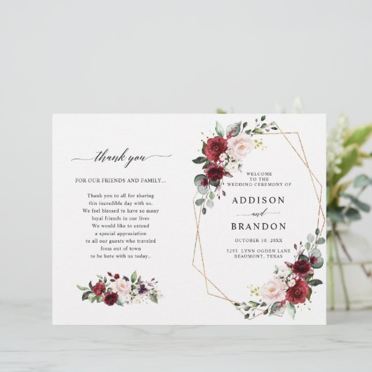 Burgundy Blush Modern Geometric Wedding Programme (Staand voorkant)