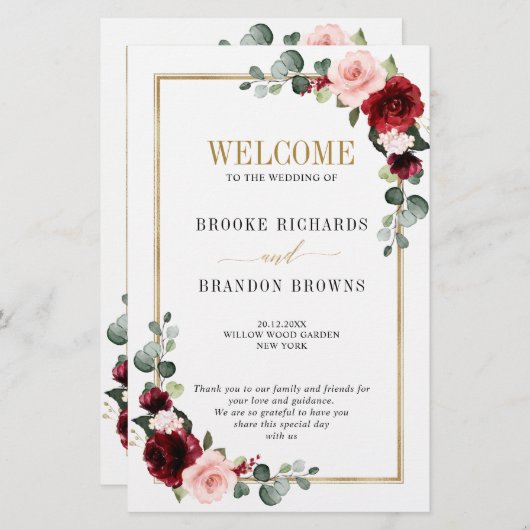 Burgundy Blush Modern Geometric Wedding Programme (Voorkant / Achterkant)