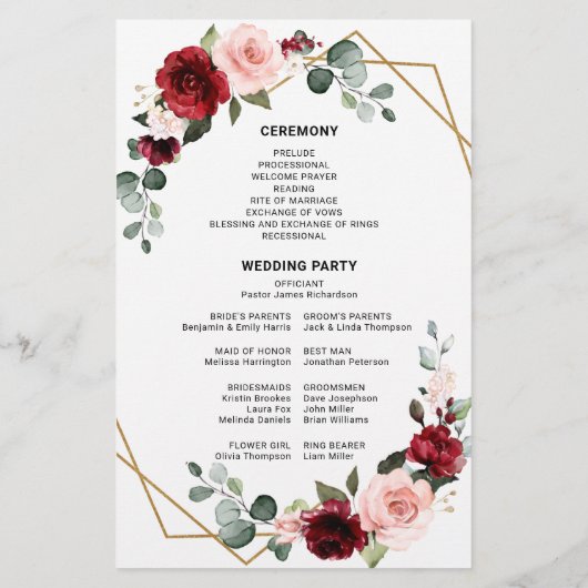 Burgundy Blush Modern Geometric Wedding Programme (Achterkant)