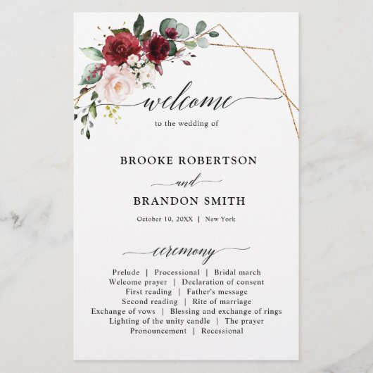 Burgundy Blush Moderne Programme de mariage géomét (Devant)