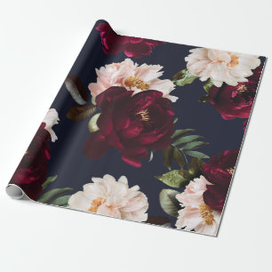 Burgundy Blush Navy Blauwe Bloemen Donkere Weemoed Cadeaupapier
