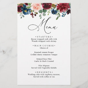 Burgundy Blush Navy Bleu Rose Dîner Menu Mariage