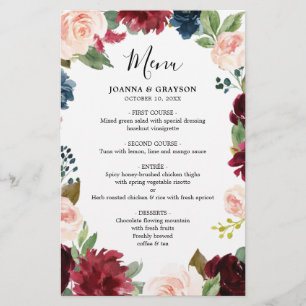 Burgundy Blush Navy Blue Botanical Mariage Menu