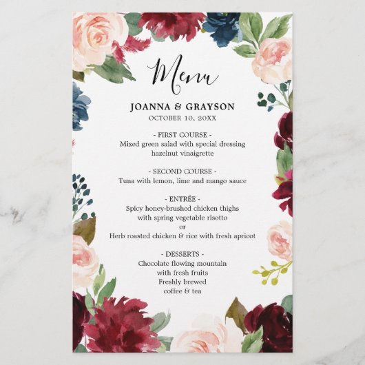 Burgundy Blush Navy Blue Botanical Mariage Menu (Devant)