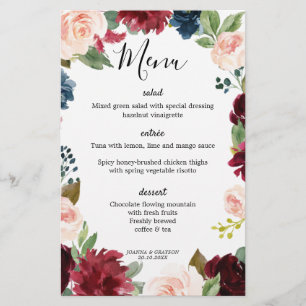 Burgundy Blush Navy Blue Botanical Mariage Menu