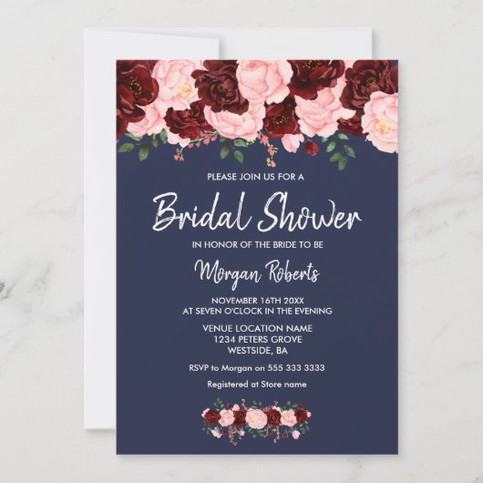 Burgundy Blush Navy Blue Bridal Showée Invitation (Devant)