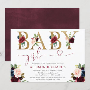Burgundy blush navy blue floral baby shower kaart