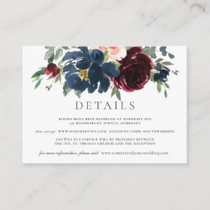 Burgundy Blush Navy Blue Floral Wedding Details Informatiekaartje